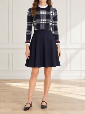 NWT 1901 Sweater Dress Large Navy Plaid Ruffle Neck Long Sleeve Fit & Flare